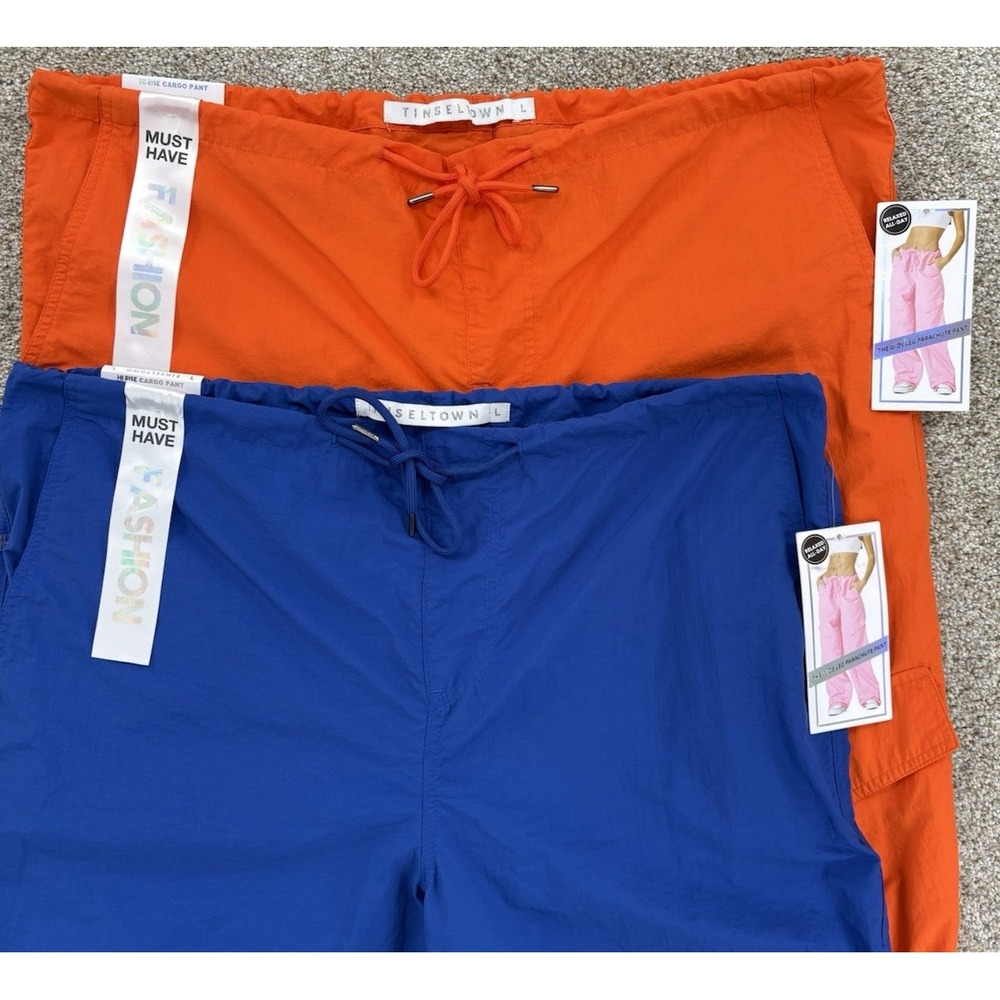 Lot 2 Tinseltown High Rise‎ Wide Leg Parachute Cargo Pants Jrs L Orange Blue NWT